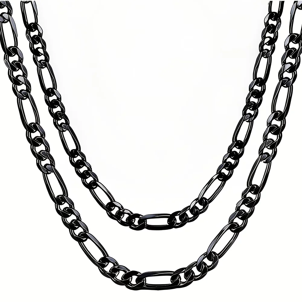 1pc 6mm Black Figaro‑Cuban Chain Necklace Stainless Steel Hip‑Hop Punk Style Unisex Street Trendy Wear Sizes 45/50/55/60cm