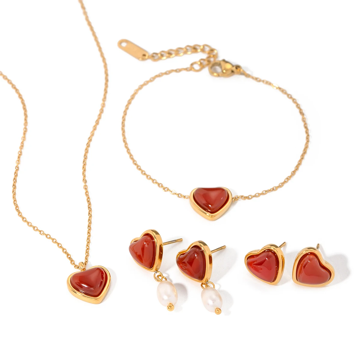 

JewelryPoster Fashionable Red Love Gemstone Earrings Necklace Set Women Gold Plated Summer Waterproof Jewelry 2024 NEW