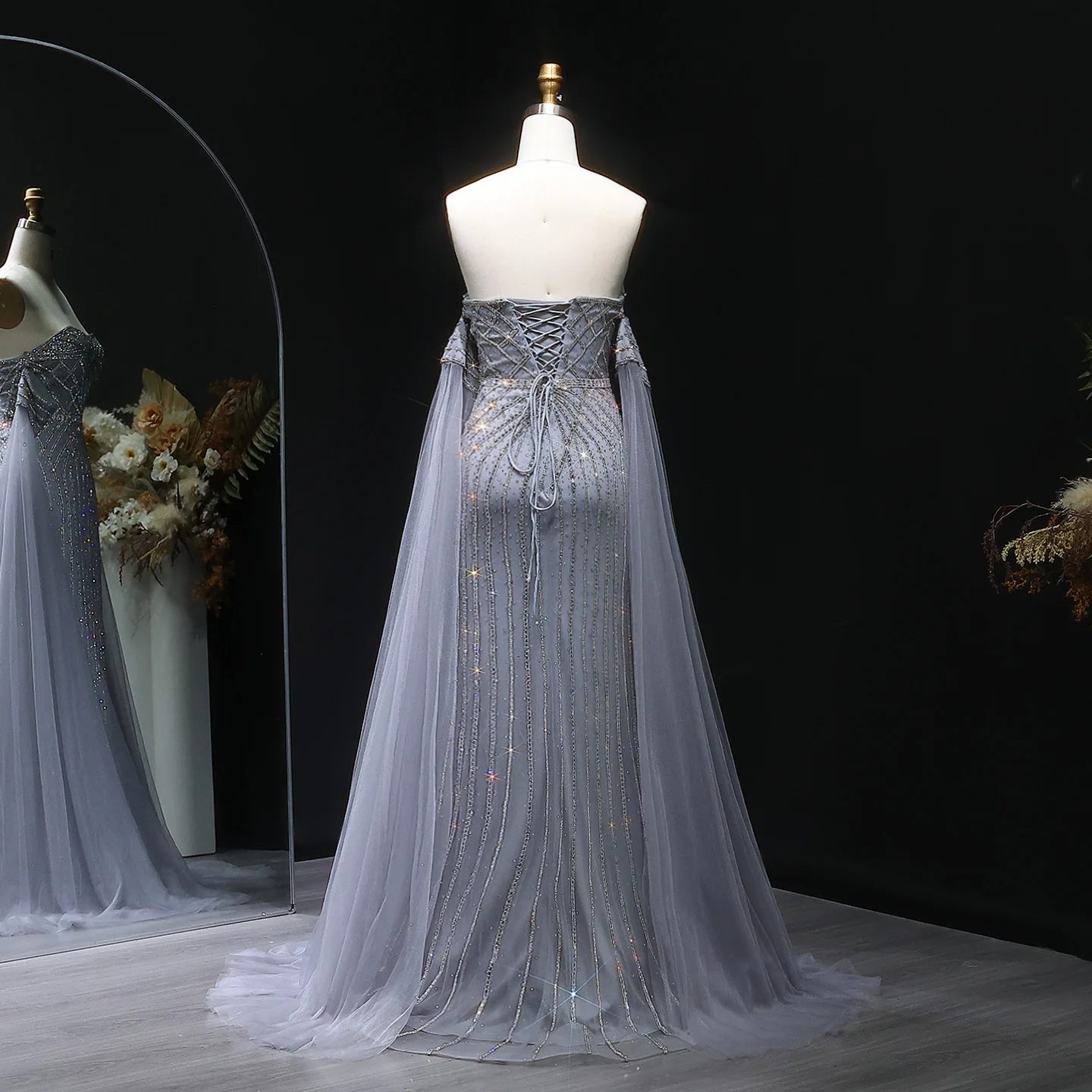 Sharon กล่าวว่า Sparkly Rhinestones Caramel Mermaid สีเทาชุดราตรี Cape แขนยาวสีชมพูงานแต่งงาน SS106 ที่กําหนดเอง