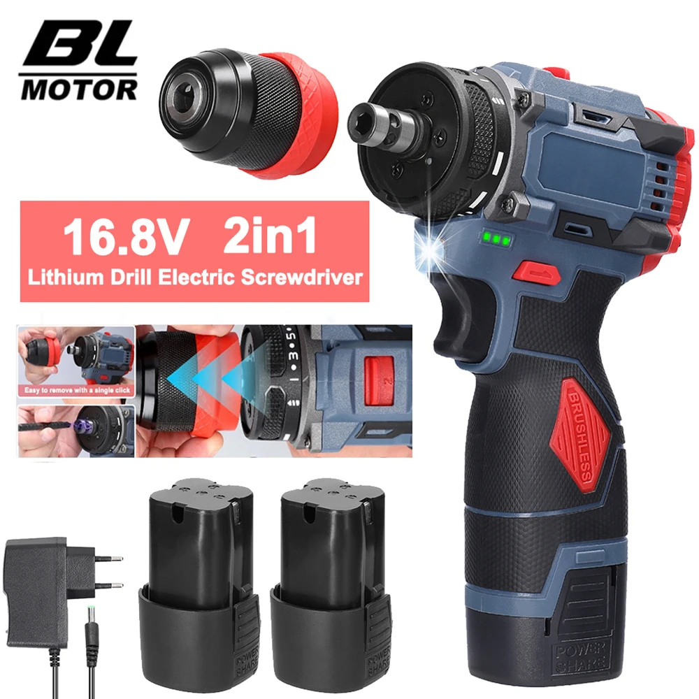 Perceuse à percussion sans balais 16,8 V, tournevis électrique portable avec éclairage LED, 45 Nm, 2 modes de vitesse, perceuse manuelle 2 en 1 pour le travail du bois et le bricolage domestique