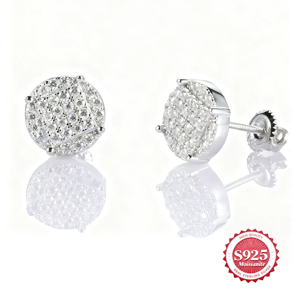 

9.2mm Hip Hop Circle Shape Mossanite Stud Earrings S925 Sterling Silver Luxury Lab-Grown Diamond Jewelry Men Women Birthday Gift