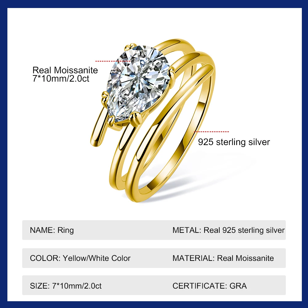 2CT Pear Cut Moissanite Solitaire Ring Women Wedding Lab Diamond Band Pure 925 Silver 100% Shani Abergel