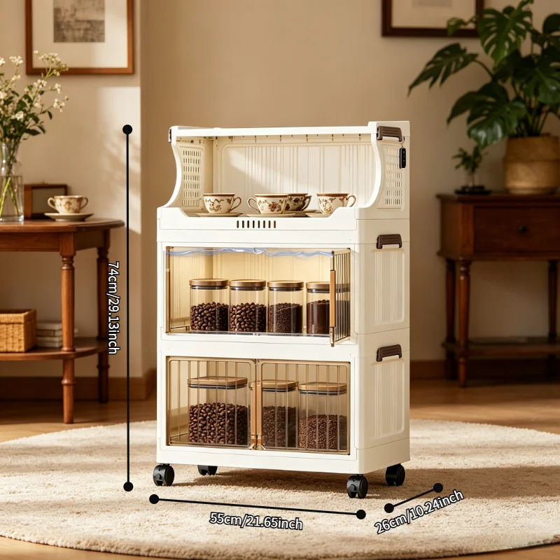 Foldable wheeled coffee corner storage cabinet, white plastic stackable storage cabinet, with magnetic door, multi-layer rolling storage cart, suitable for storage room, bedroom, living room, bathroom view 7