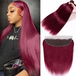 Straight Hair Bundles with Frontal 99j Burgundy Red Wine Color Remy Unprocessed Human Hair Weaves 3 Bundles with 13x4 HD Frontal
