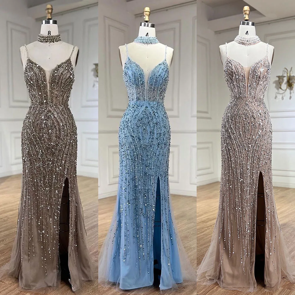 Serene Hill Silver Nude Mermaid Spaghetti with split Strap Beaded Evening Dresses Prom Gowns Customize Party 2025 BLA72047B