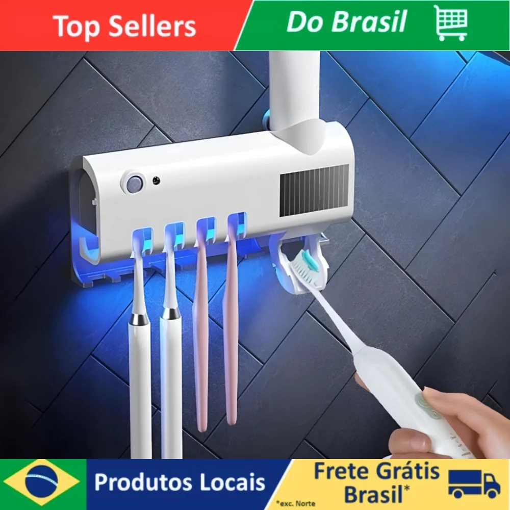 Suporte Dispenser Aplicador Pasta Escova de Dentes Esterilizador Com Luz UV Antibacteriano Automático Banheiro Suporte Dispenser Aplicador Pasta Escova de Dentes Esterilizador Com Luz UV Antibacteriano Automático Banheiro