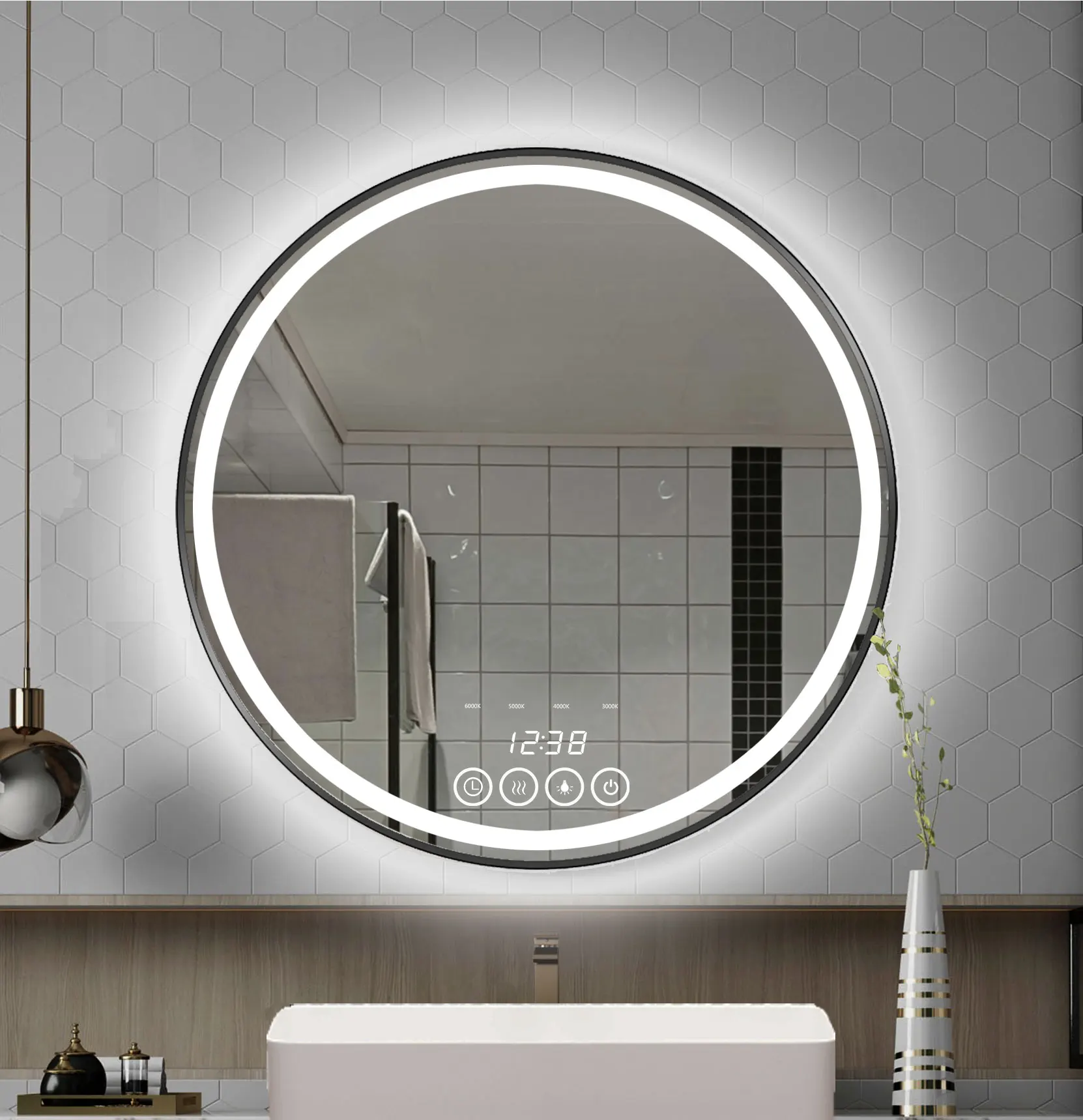 Runder LED-Badezimmerspiegel 60 cm, 3000K–6000K Einstellbares Licht, Beschlagfreier Wandspiegel für Bad, Make-up & Schminktisch, Modernes Design