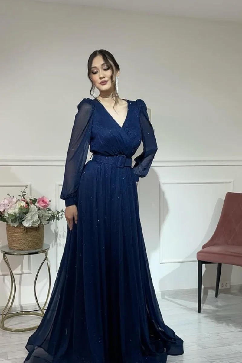 Annie Navy V-neck Prom Dresses Handmade Tulle Long Sleeves Evening Dresses A-line Lady Party Dresses فساتين سهرة