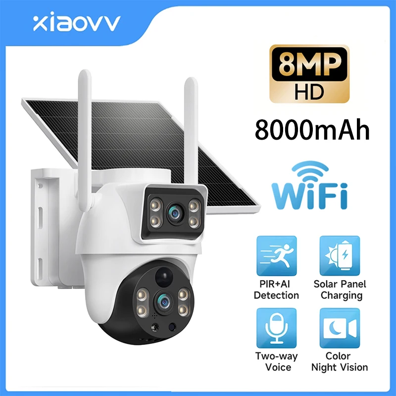 Caméra de sécurité solaire WiFi XIAOVV 8MP, extérieure, étanche IP66, détection humaine PIR, caméra CCTV sans fil