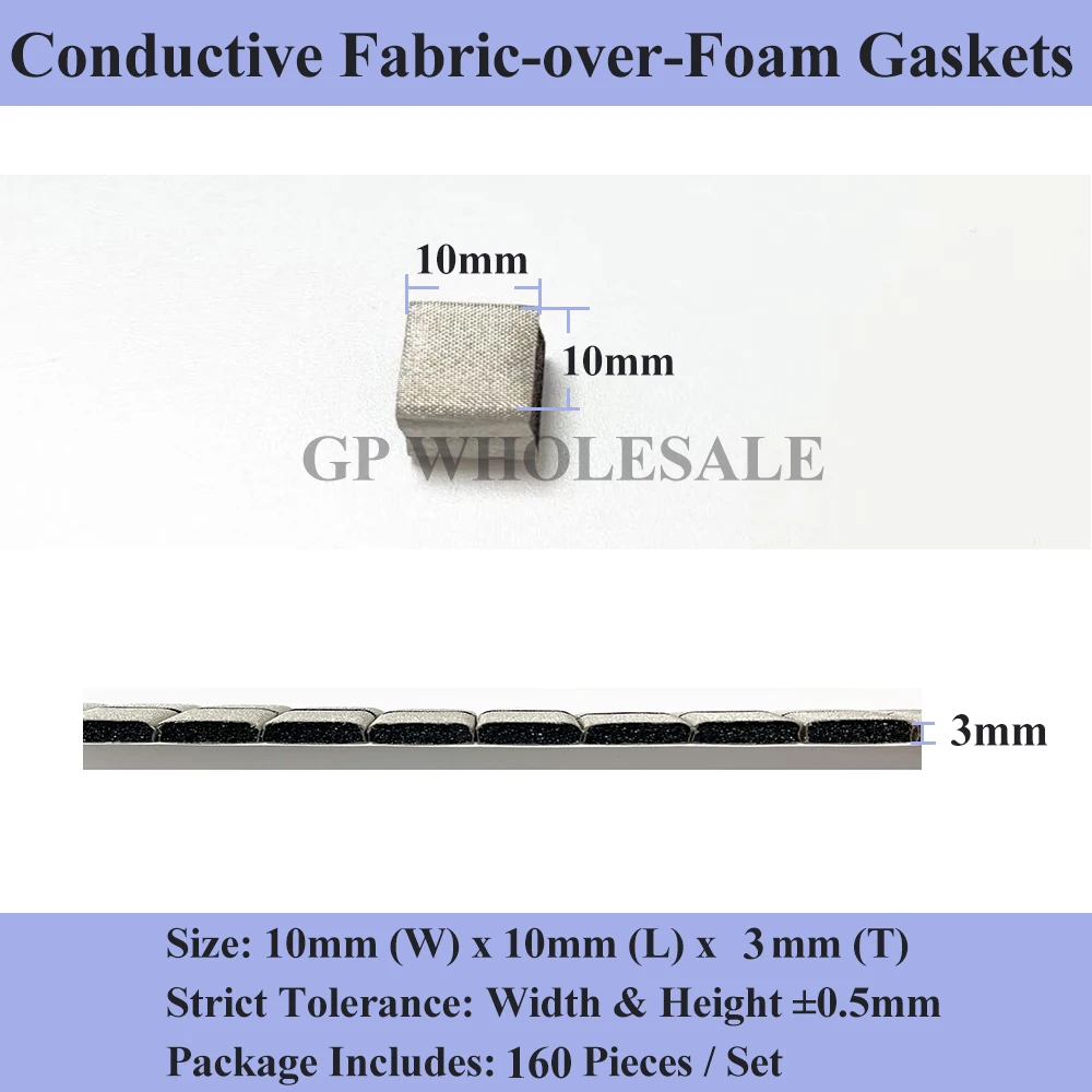 160Pcs 10x10x3mm Conductive Fabric Foam Gasket Pad with Conductive Adhesive for Laptop LCD Screen Monitor Repair