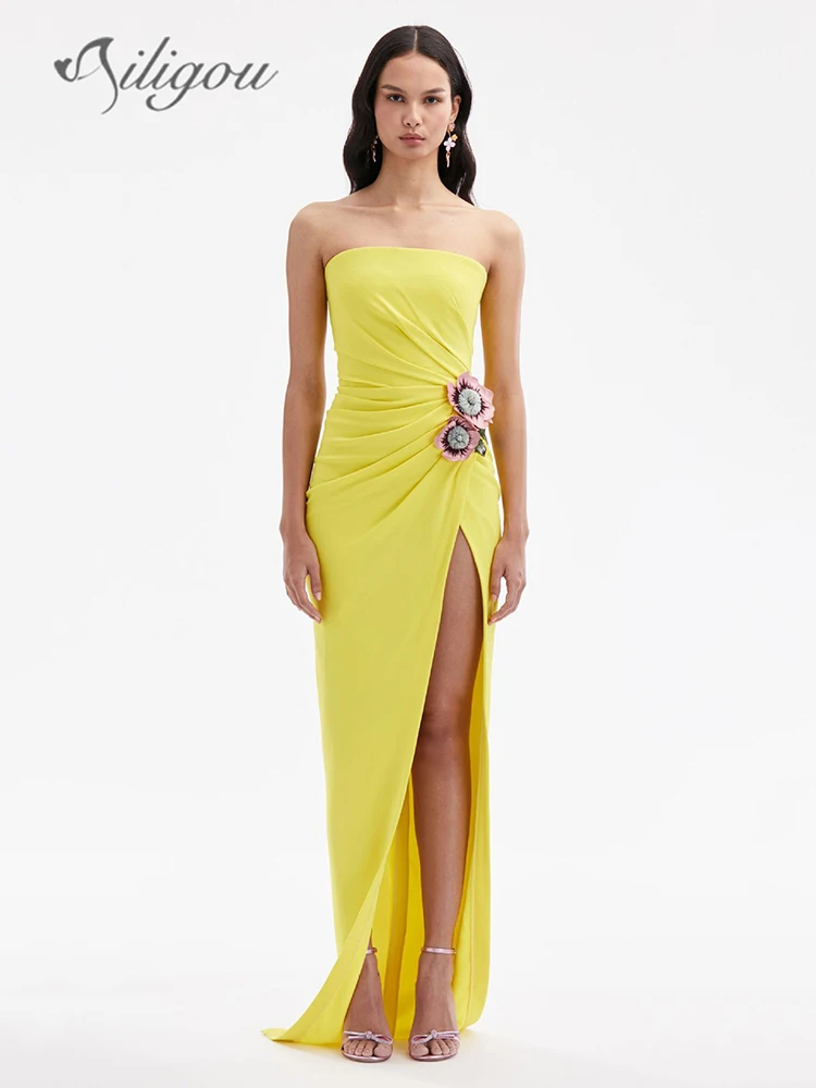 

Ailigou 2024 New Women's Yellow Sexy Strapless Draped Flower Details High Split Maxi Dress Elegant Celebrity Party Evening Dress