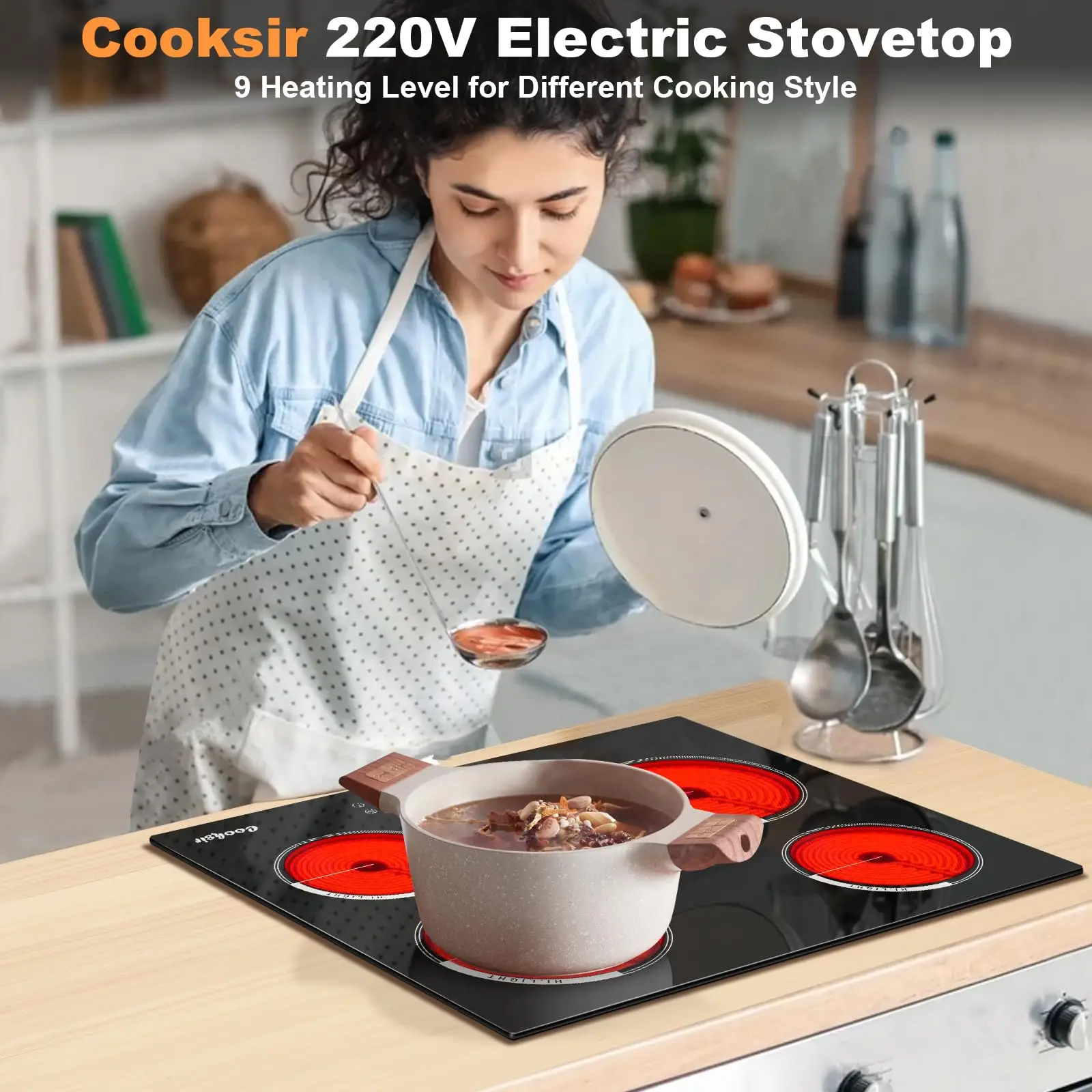 Cooksir Estufa eléctrica de 4 quemadores de 24 pulgadas, temporizador, cerradura de seguridad para niños, 9 niveles de calefacción, cable duro de 220 V (sin enchufe), caída de 220 V-240 V