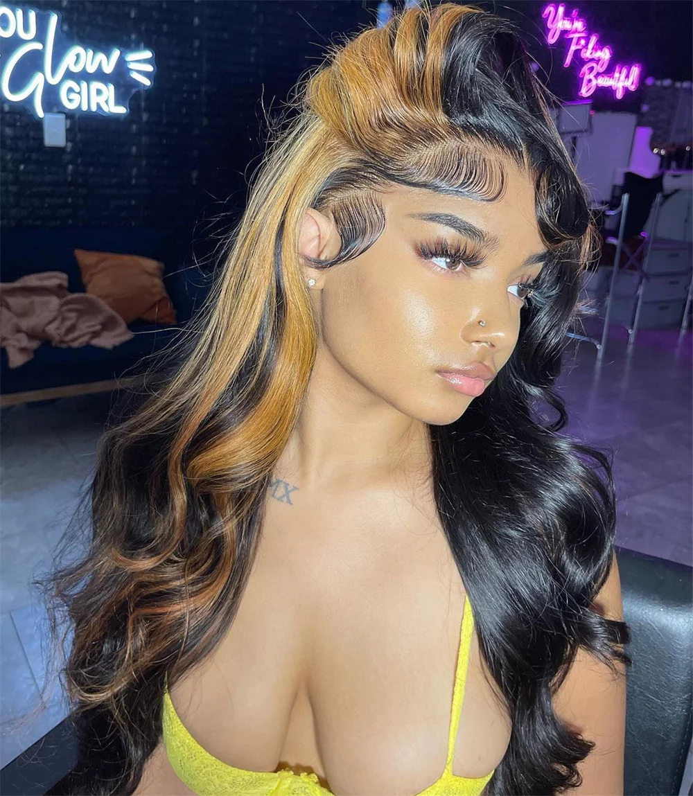 Black/Brown Highlight 13x6 Lace Front Human Hair Wig Body Wave 1b/27 Ombre Colored Human Hair Wigs For Women 100% Human Hair