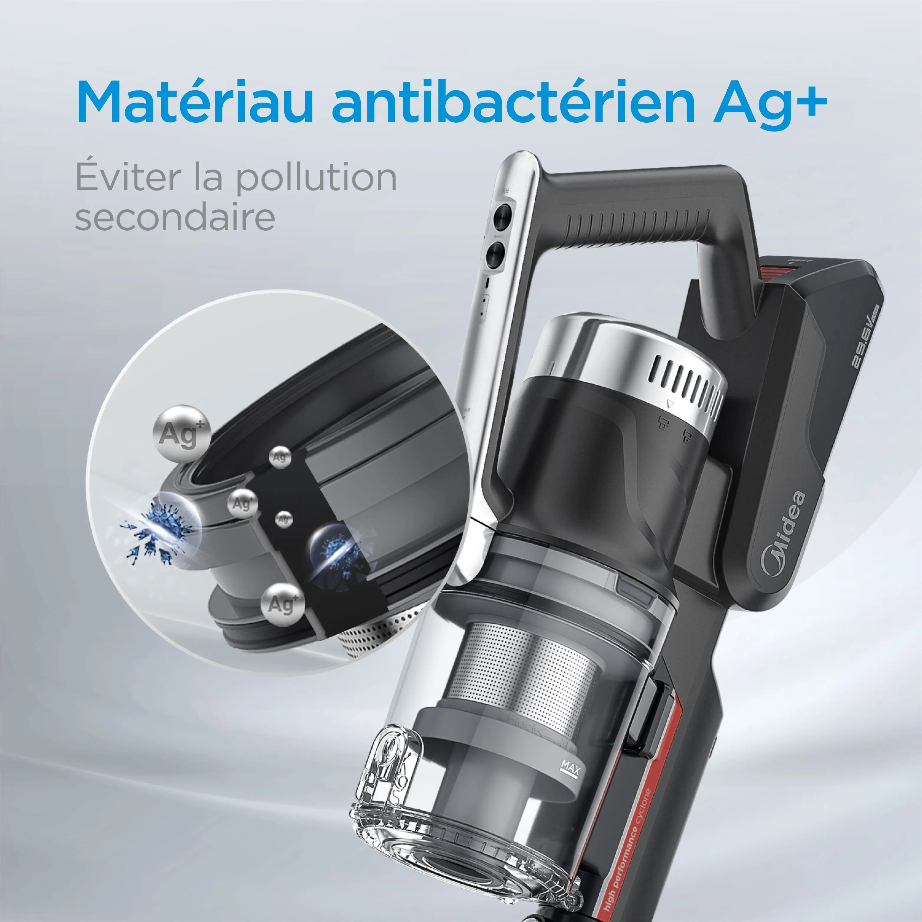 Midea-P7 구부릴 수 있는 무선 스틱 진공 청소기 450W 25KPa 브러시리스 모터 사용, 작업 시간 70 분 이동식 배터리 0.8L 먼지 컵