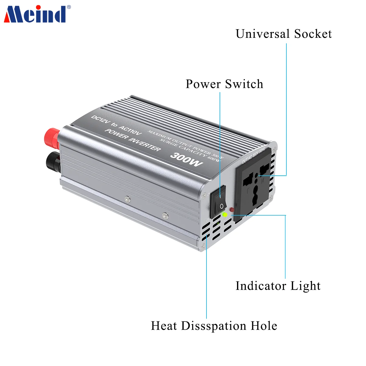 MEIND 300Watt Modified Sine Wave Power Inverter DC 12V to AC 110V Car Plug Inverter Adapter Power Converter with AC Outlet