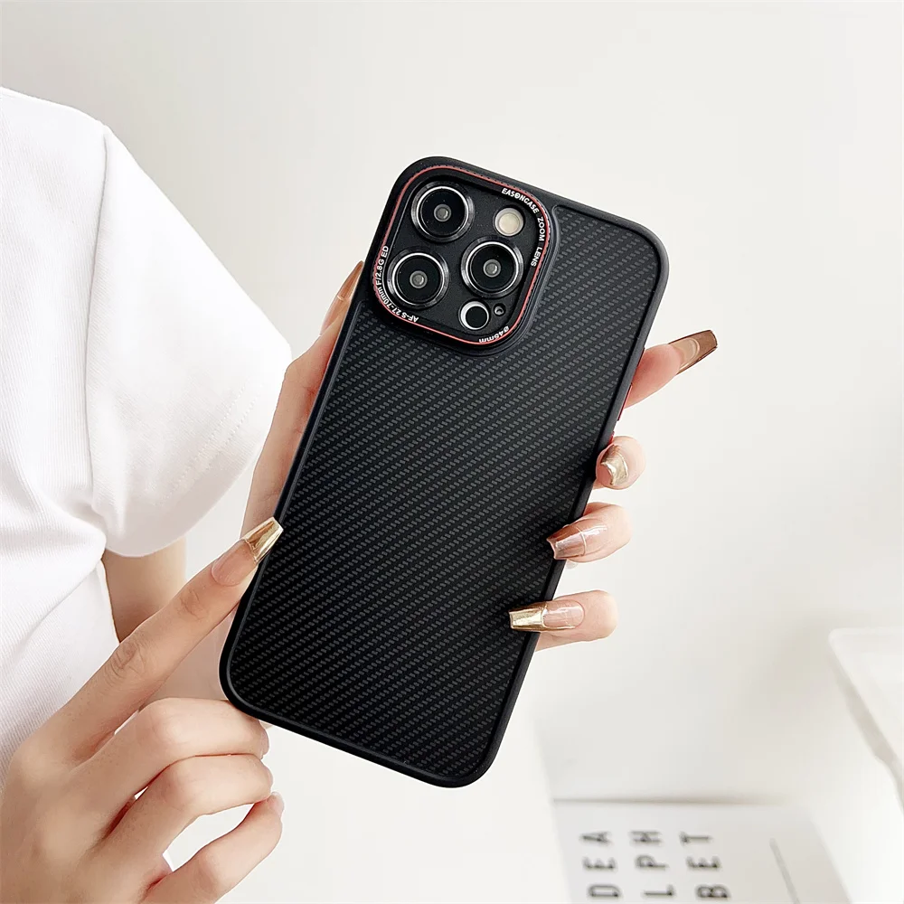 

Premium Carbon Fiber Texture Case For iPhone 15 Pro Max 14 13 With Camera Lens Holes Cutout Metal Button Icons Anti FingerPrint