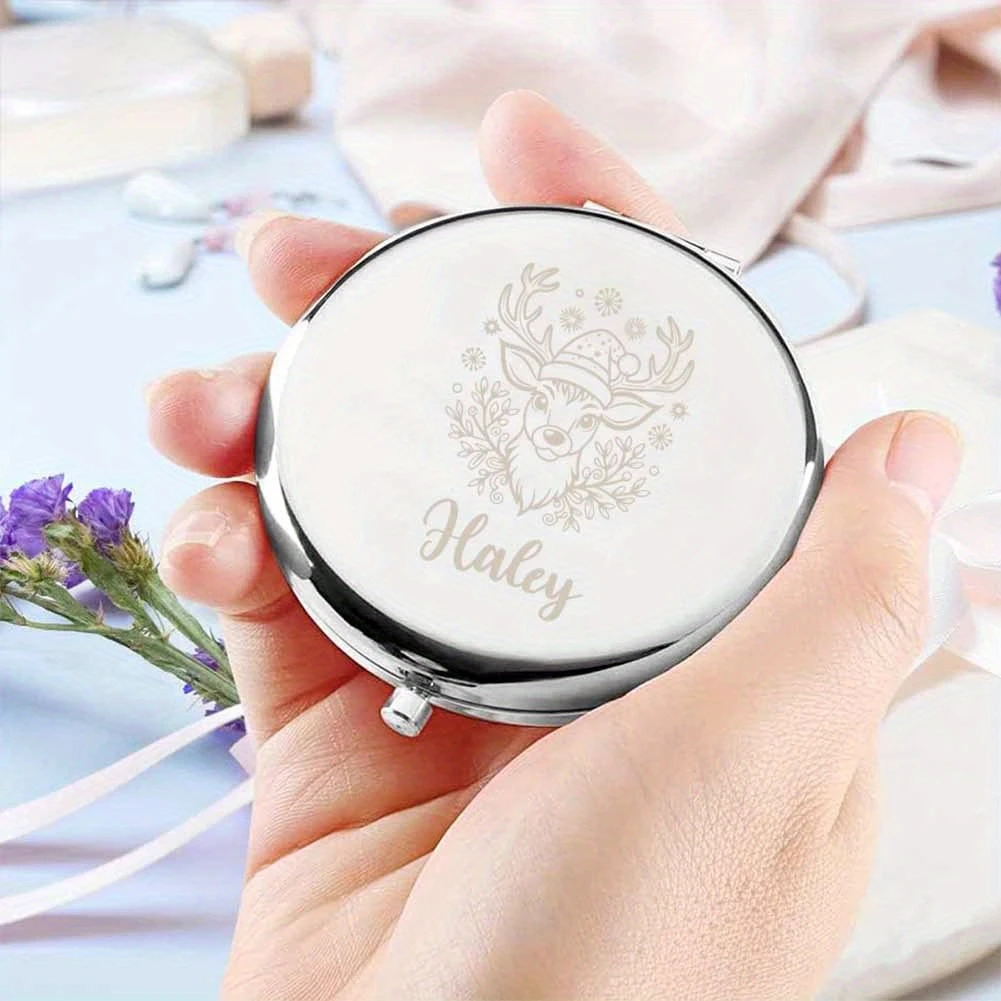 Custom Name Christmas Elk Folding Pocket Makeup Mirror, Gift for Friends, Family, Birthdays, Anniversaries & Christmas