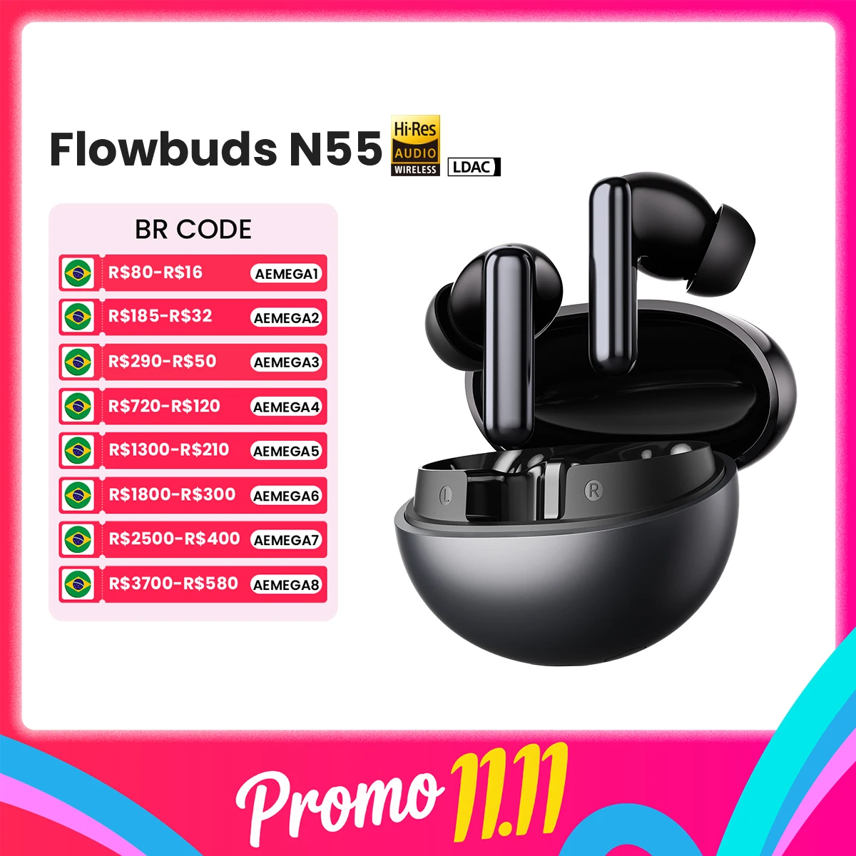 Fones de Ouvido Sem Fio HAYLOU Flowbuds N55 com ANC Adaptativo de 54dB, Bluetooth 6.0, Áudio Hi-Res LDAC, Chamadas HD com 6 Microfones, 40 Horas de Reprodução, IPX5