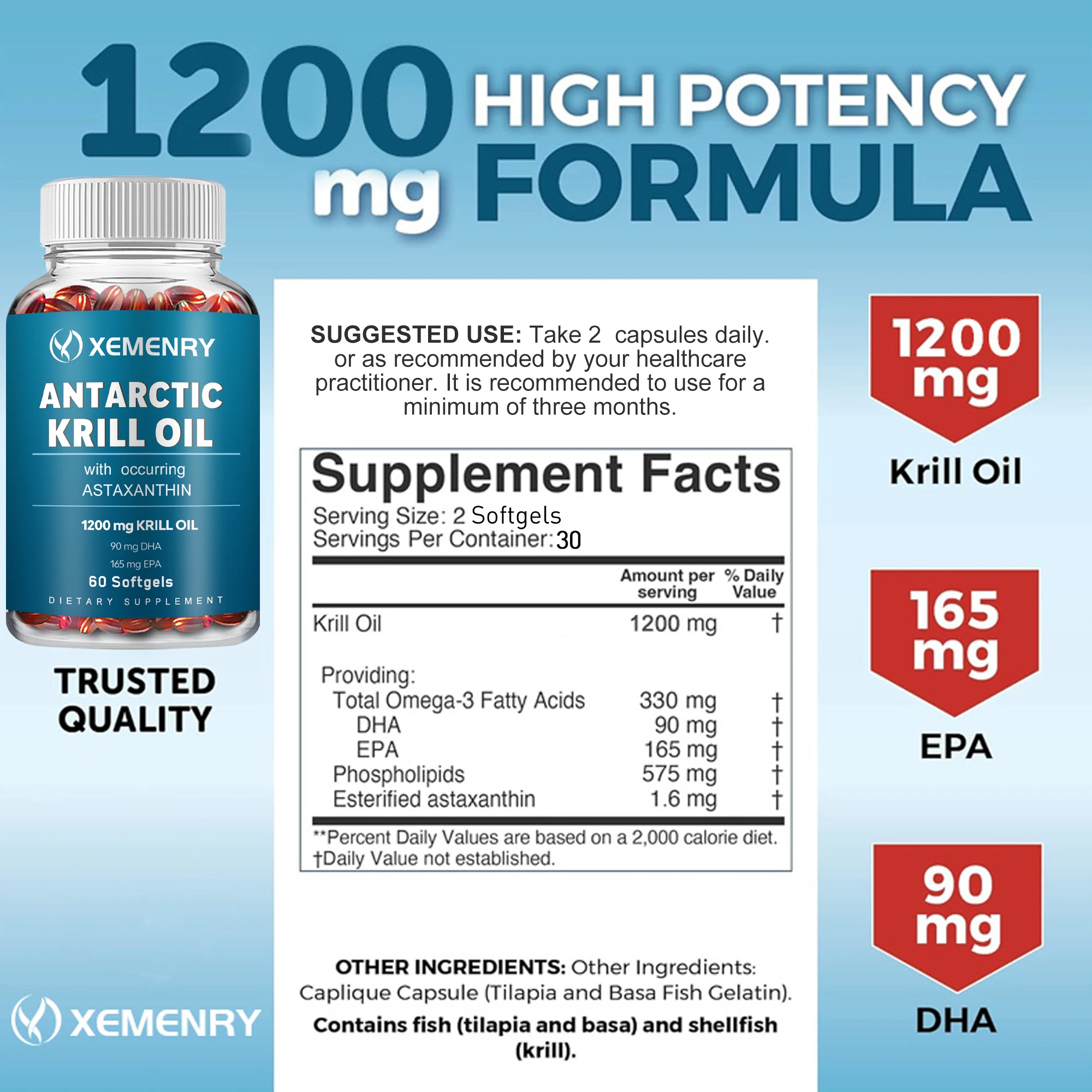 Antarctic Krill Oil Supplement - Astaxanthin & Omega 3,High DHA & EPA Concentration, Brain & Joint Support - 60 Capsules