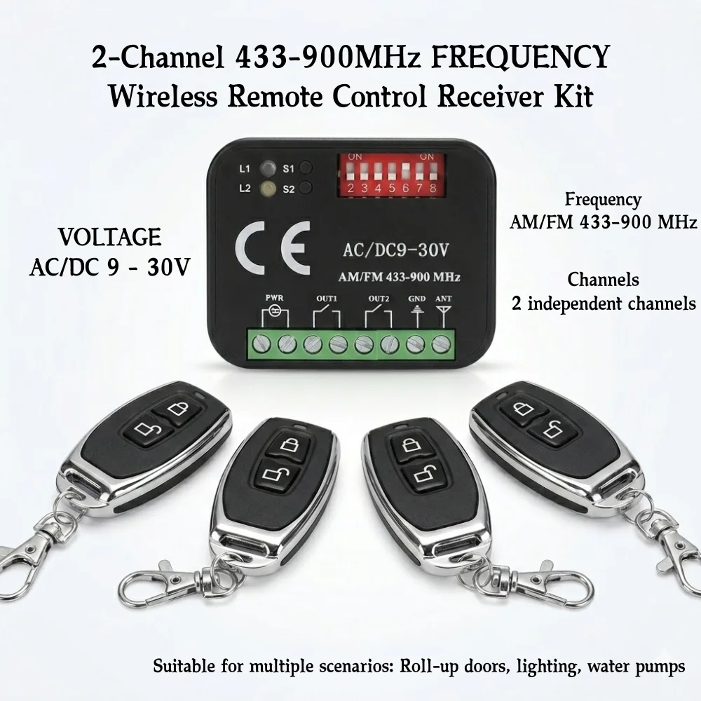 433MHz - 900MHz/868MHz Frequency Universal Remote Control Receiver 2CH Relay AC/DC 9-30V For Fixed Rolling Code Gate Opener