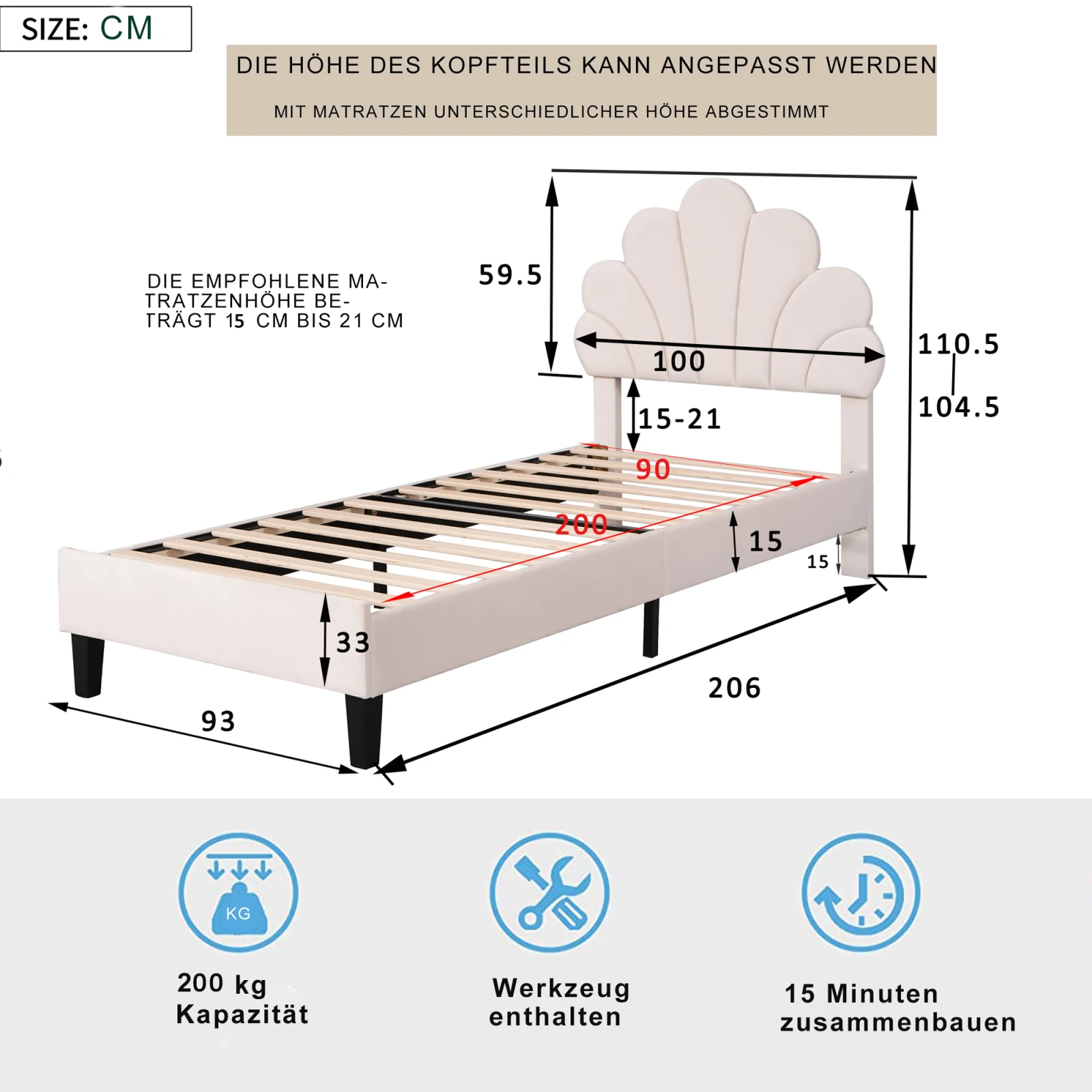 Rosahqnda gestoffeerd bed 90/140x200cm kinderbed met Petal hoofdbord tweepersoonsbed voor kinderen, jeugd, volwassenen, fluweel