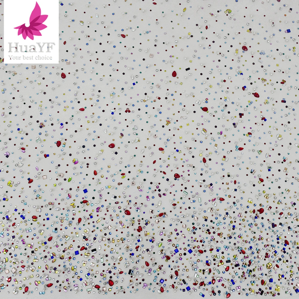 

Popular High-quality Handmade Shiny Stone Colorful Crystal Tulle Lace French Embroidery Fabric HY2164-7