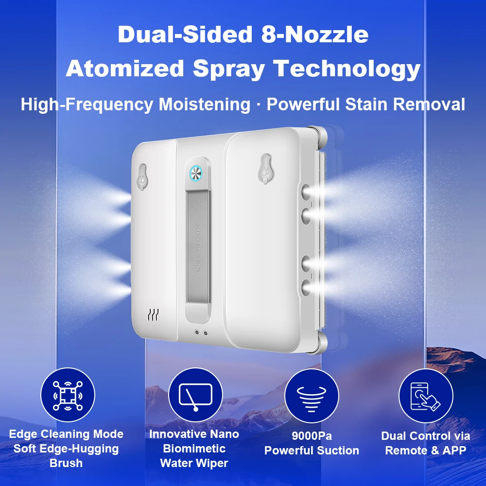 NEW Window Cleaning Robot Liectroux S10,8-Way Water Spray,Intelligent Navigation,9000Pa Strong Suction,4 Corner Brushes