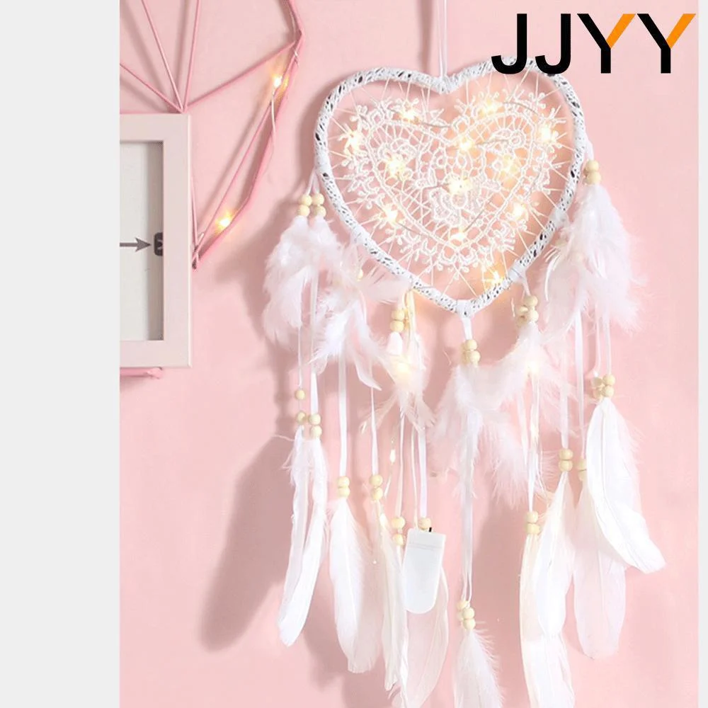 JJYY Peach Heart Dream Catcher Decoration Pendant White Feather Handmade Home Decoration Wall