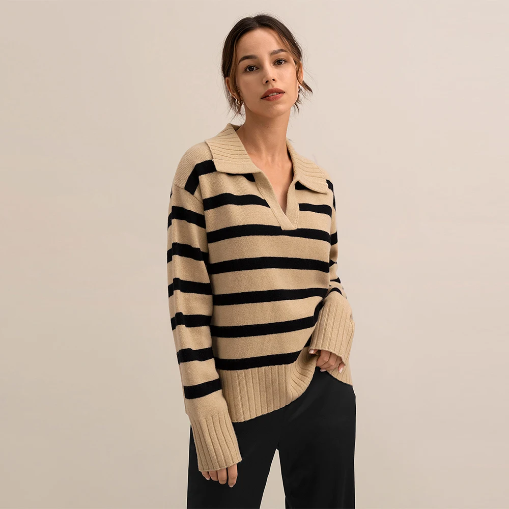 LILYSILK Pure Wool Stripe Sweater For Women Classic Winter Top Polo V-neck Casual Ladies Thick Essential Clothes Free Shipping