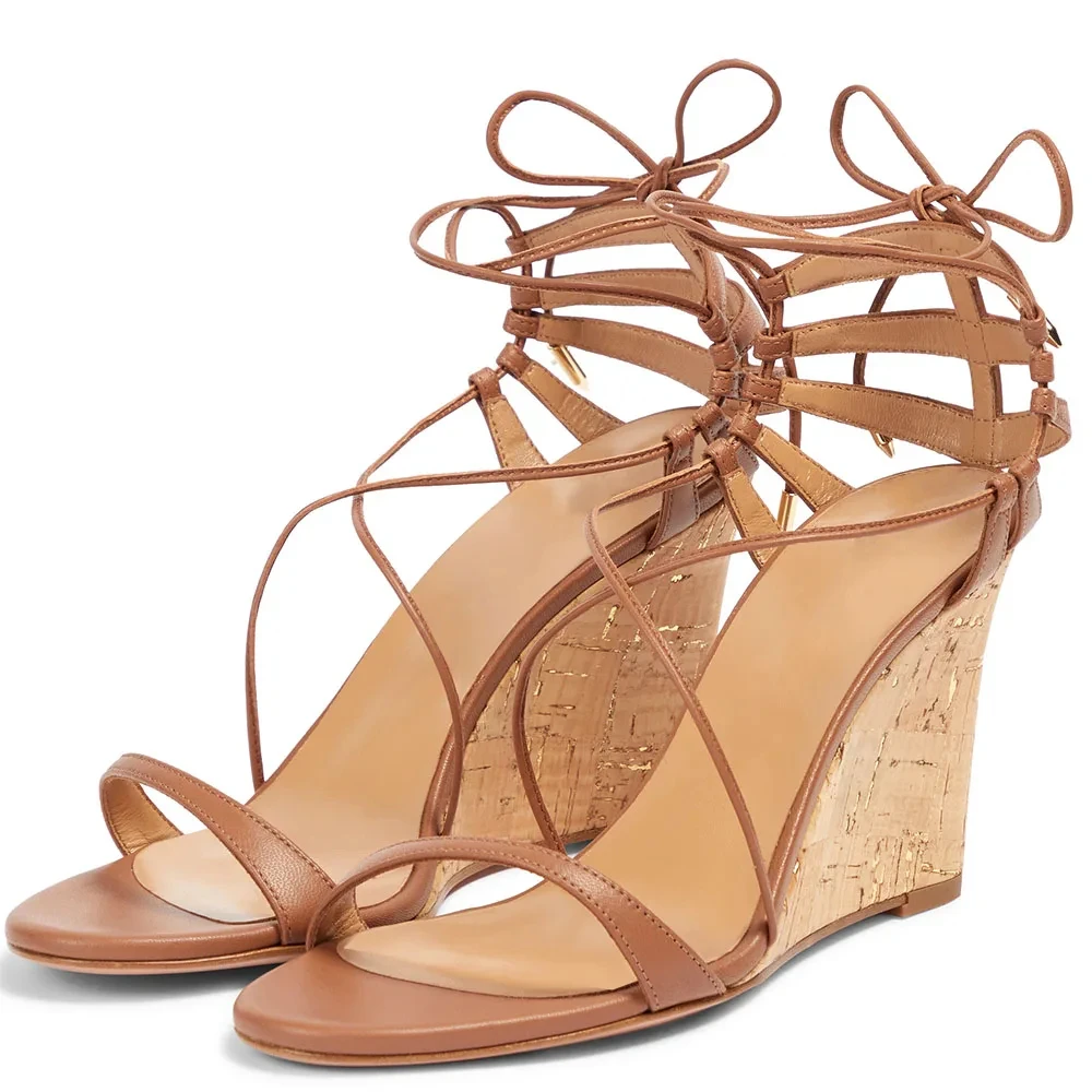 2024 Trend Wedge Sandals for Women Peep Toe High Heels Shoes Strappy Ladies Summer Casual Outfit Footwear Lace Up Customized