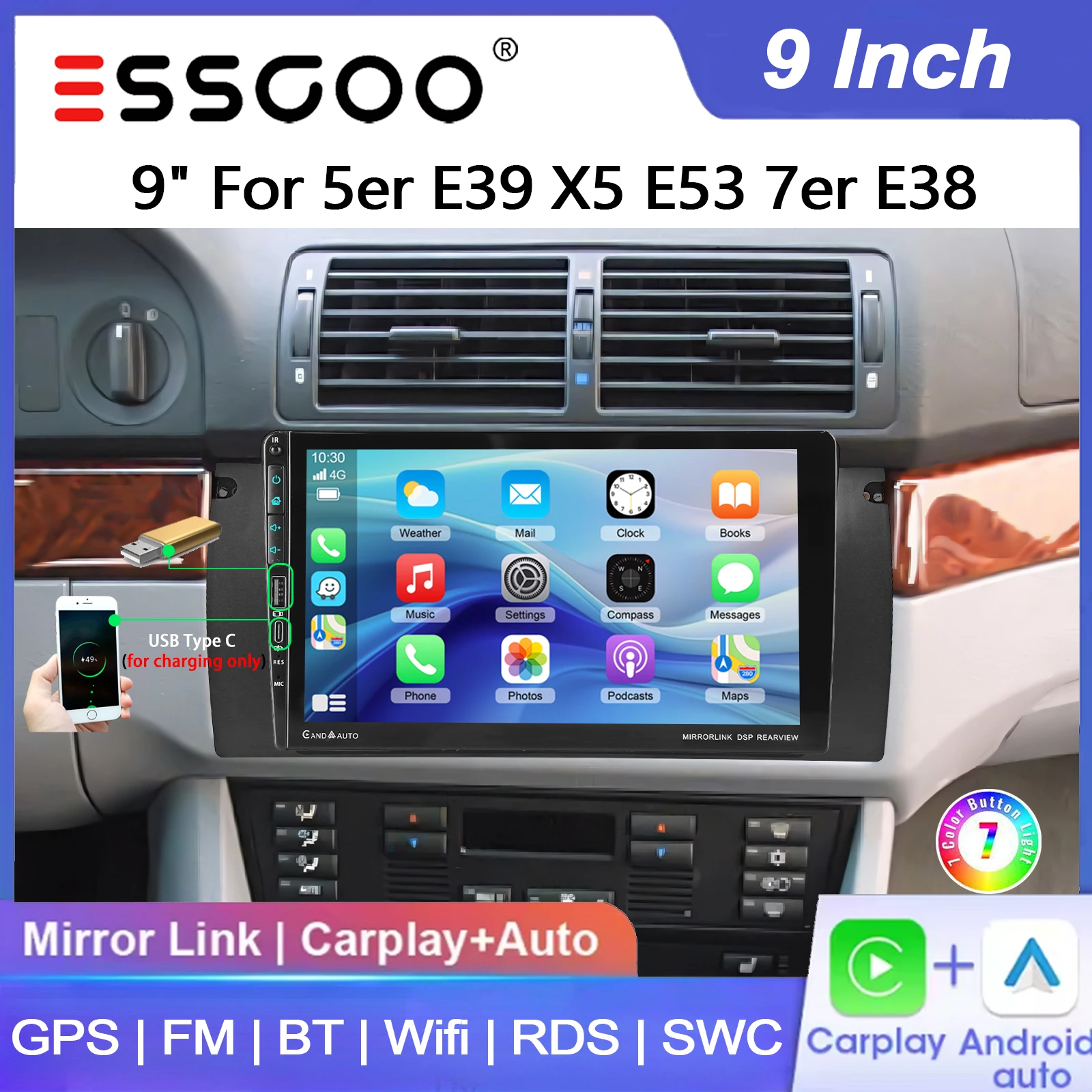 ESSGOO 9" 64G Android 15 für BMW 5er E39 M5 X5 E53 7er E38 Wireless Carplay Android Auto Autoradio GPS-Navigation Radio USB Typ-C FM Bluetooth WiFi RDS ASP Mirror Link SWC QLED Touchscreen