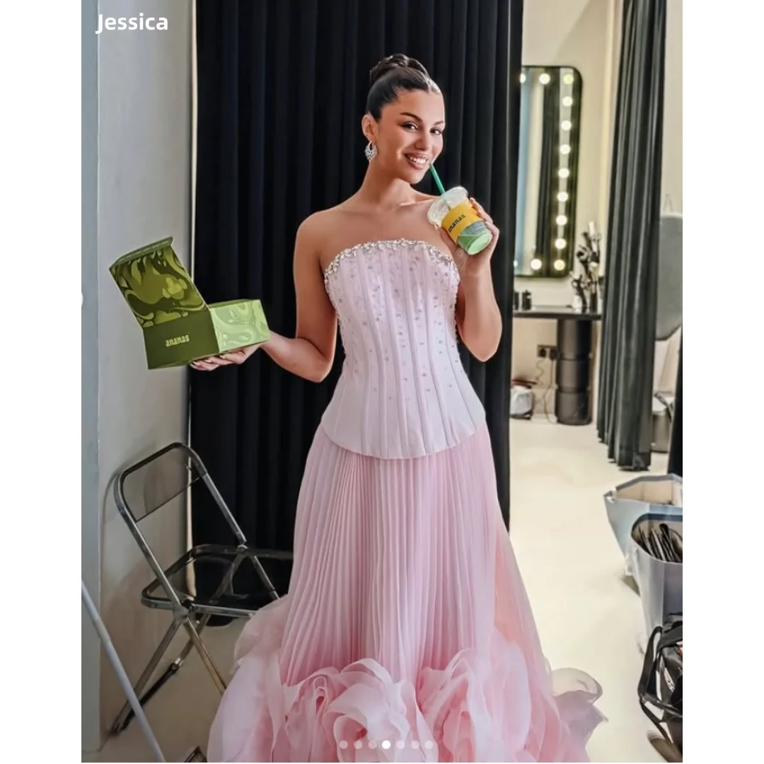 

Jessica Gorgeous Pink Evening Dresses Handmade Flowers Prom Dresses Off-shoulder Glitter Beads Wedding Party Dresses Customized