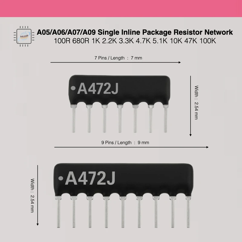 10PCS/ Lot NEW A05/A06/A07/A09 Single Inline Package Resistor Network Tolerance 5% 100R/680R/1K/2.2K/3.3K/4.7K/5.1K/10K/47K/100K