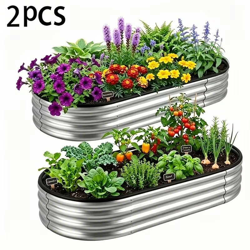 Multi-Specification Planting Containers, Modular Vegetable Flower  Planting Pots For Outdoor,Durable Gardening Large Planting Box, Oval-Shaped Metal Garden Bed