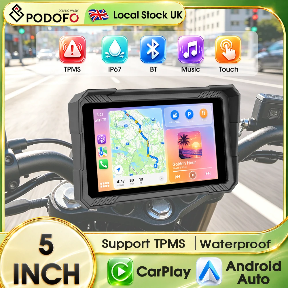PODOFO 5-Inch Portable Motorcycle CarPlay Display IP67 Waterproof