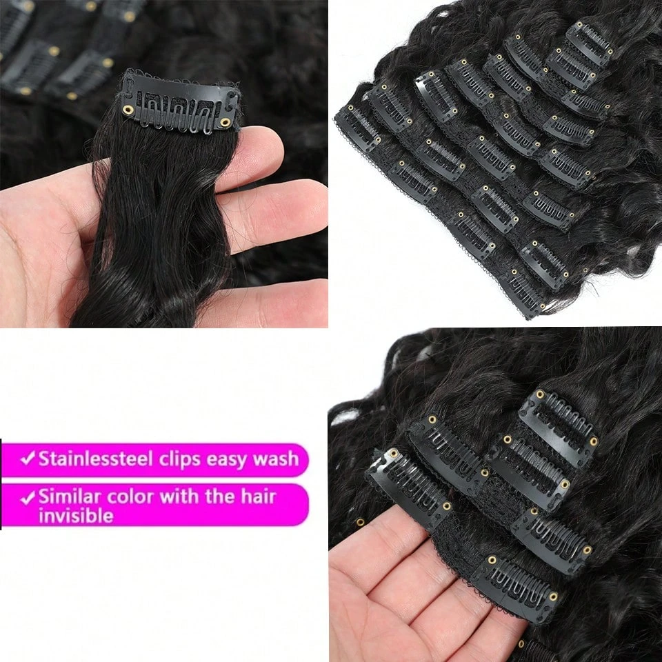 

Deep Wave Human Hair Clip In Hair Extensions Human Hair Natural Color #1B Remy Hair Extensions Clip Ins For Women