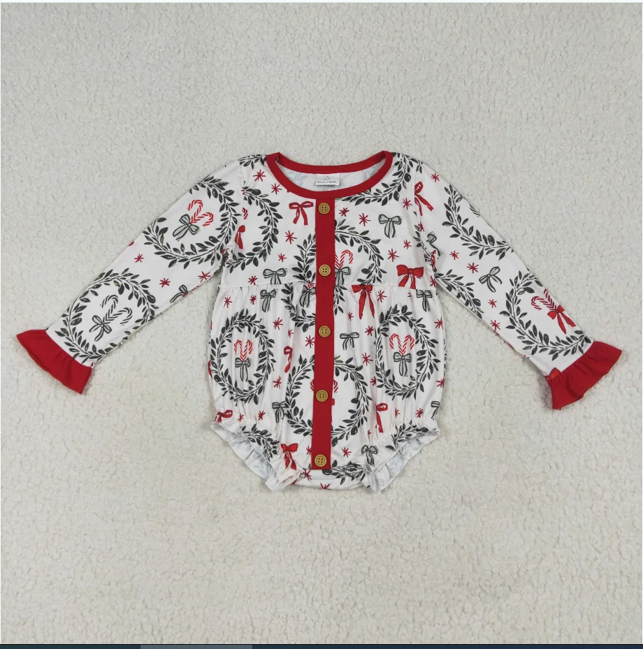 

New Arrive Long Sleeve Ruffle Bubbles LR2252 Candy Cane Bows Print Baby Girls Christmas Romper