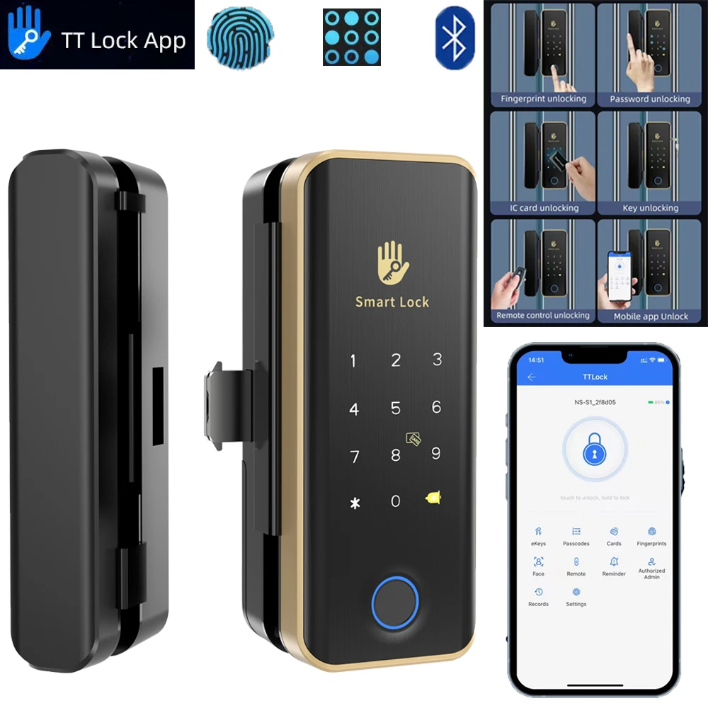 

Bluetooth Electronic Glass Door Lock Key Fingerprint Password RFID Card Recognition Automatic Locking TT Lock APP Cloud Lock
