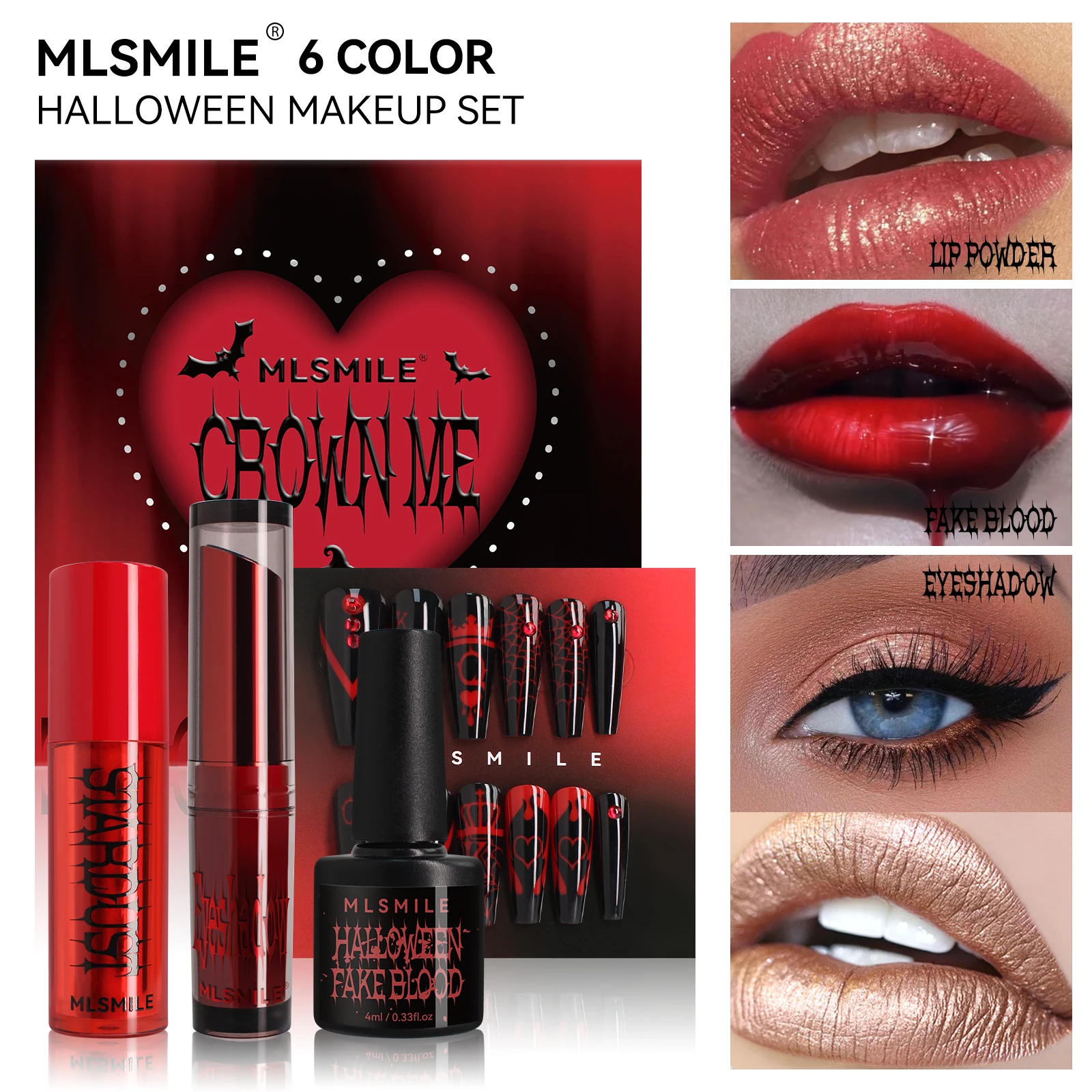 Ensemble de maquillage d'Halloween, rouge à lèvres sang, fard à barrage rose, chlore avec nail art et outils, kit de cosmétiques Halloween invité