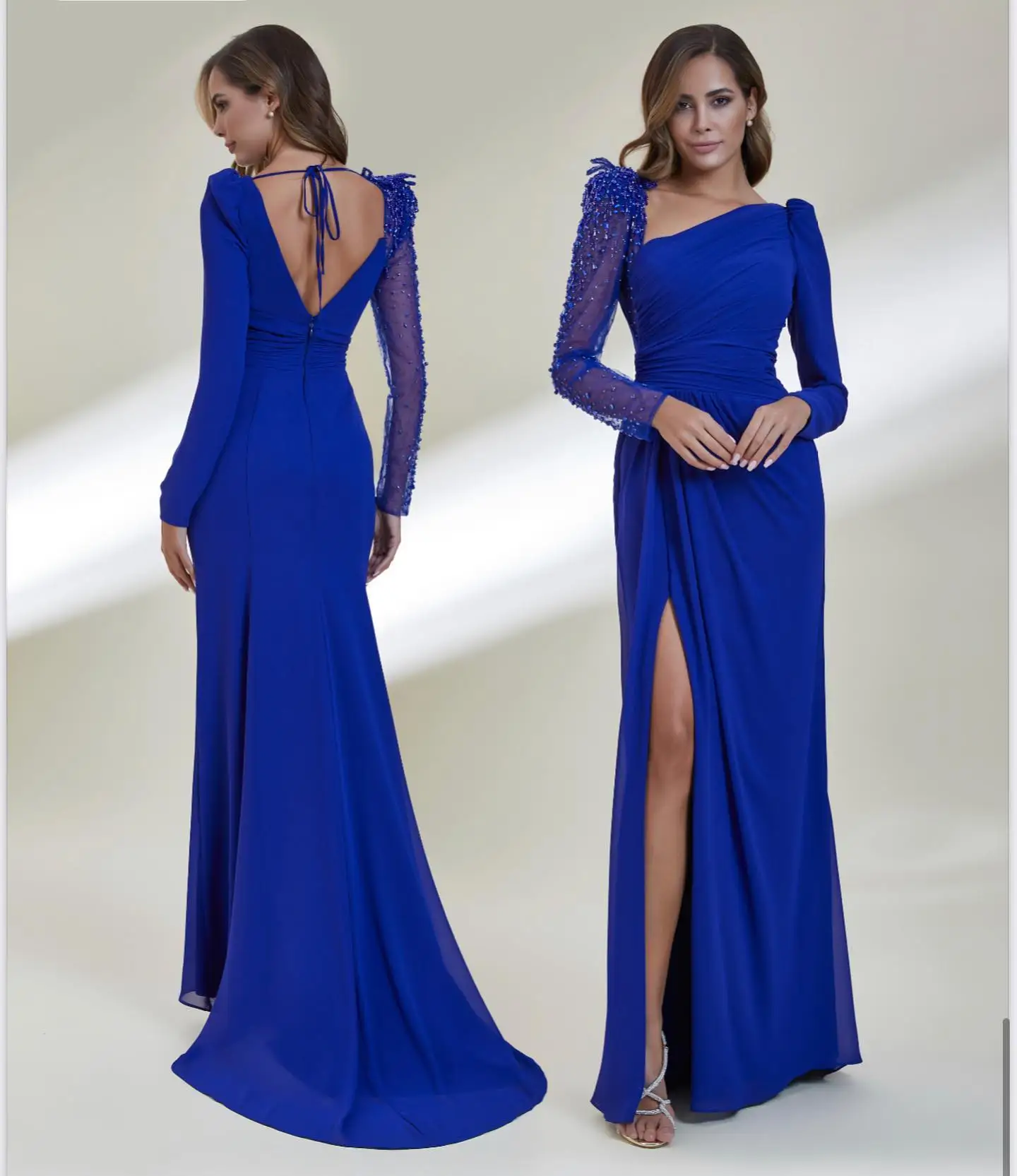 High Quality Fashion Asymmetrical One-Shoulder Beading Chiffon Formal Occasion Gown Robe Soirée Femme Luxe