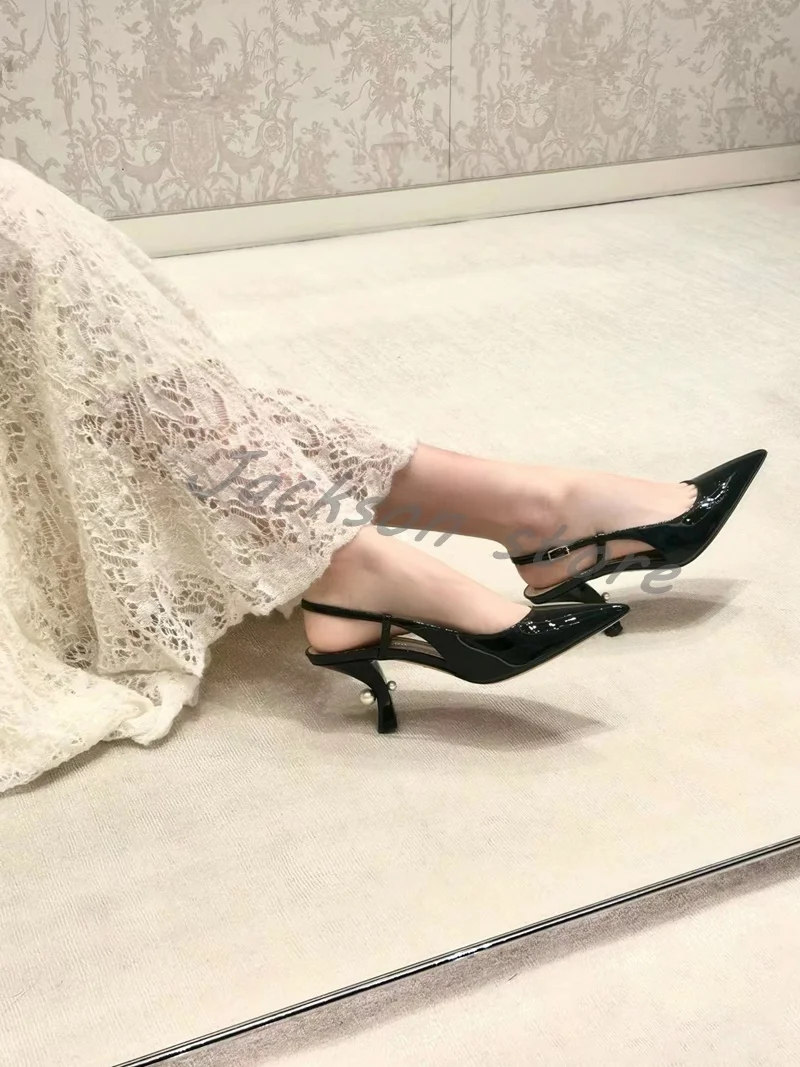 New Arrival Patent Leather Strap Versatile Women Sandals Pointed Toe Fashion Formal High Heel Buckle Slip On Pear Dress Shoes