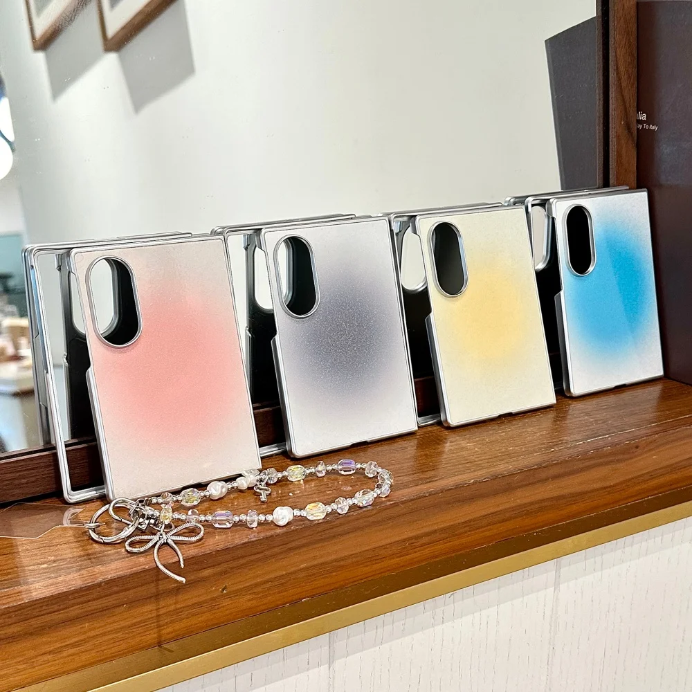Korean Ins Gradient Color Glitter Phone Case for Samsung Galaxy Z Fold 8 Cover Aesthetic Simple Folding Anti-fall Set With Charm