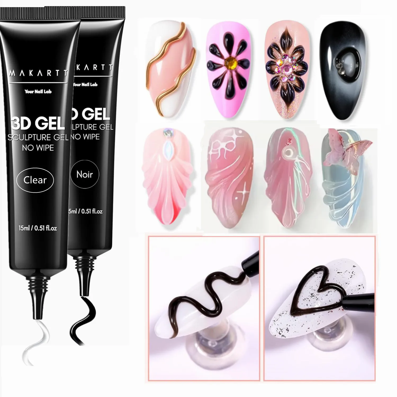 

Makartt 3D Gel Nail Art – Clear & Noir Sculpting Gel for DIY Embossed Nail Designs – No Wipe Easy-Squeeze Tube Nail Glue