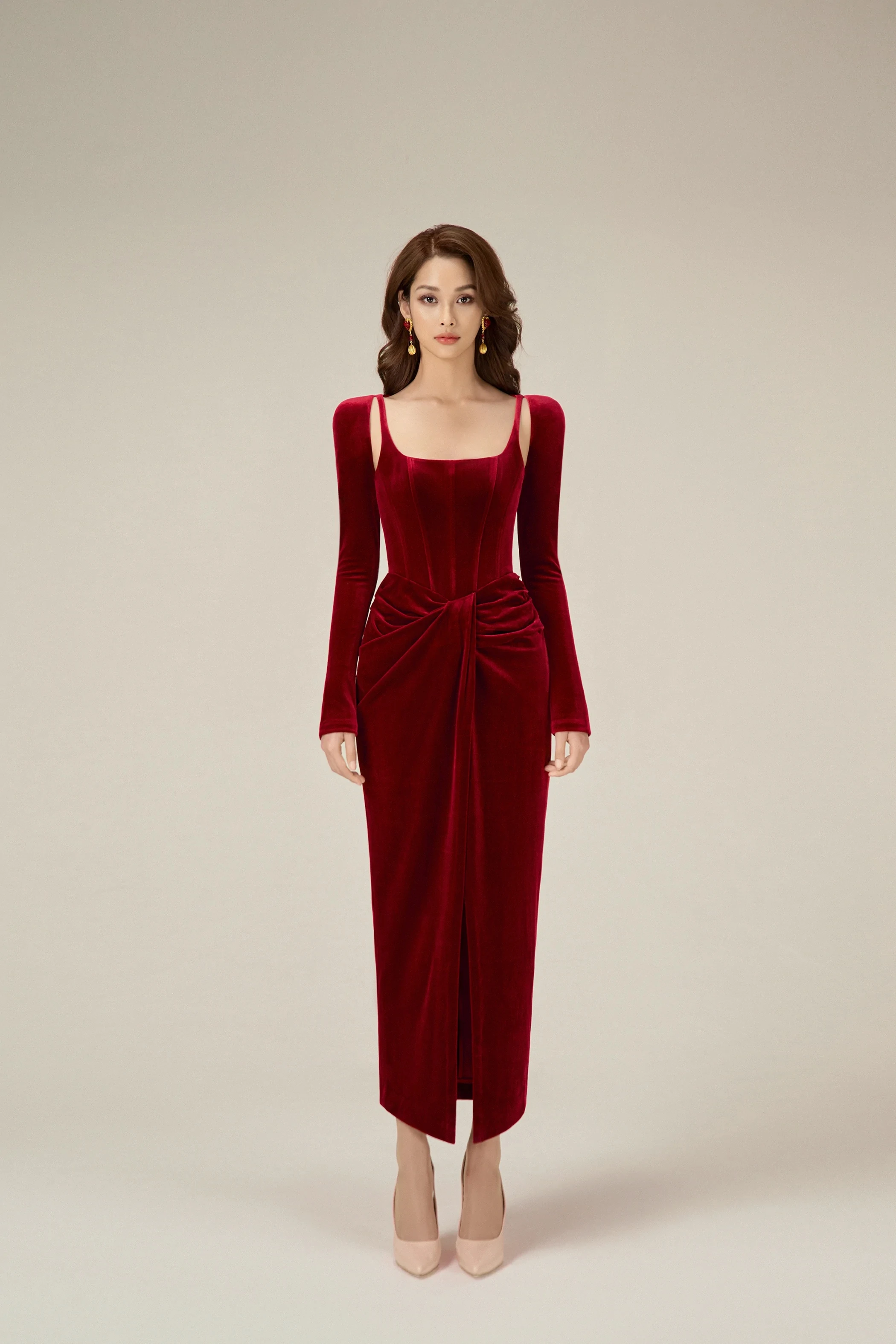 2024 Red Angelic Sweetheart Neckline Long Sleeve Pleat Tea-Length Dress Front Split Formal Occasion Gown For Elegant Women 2024