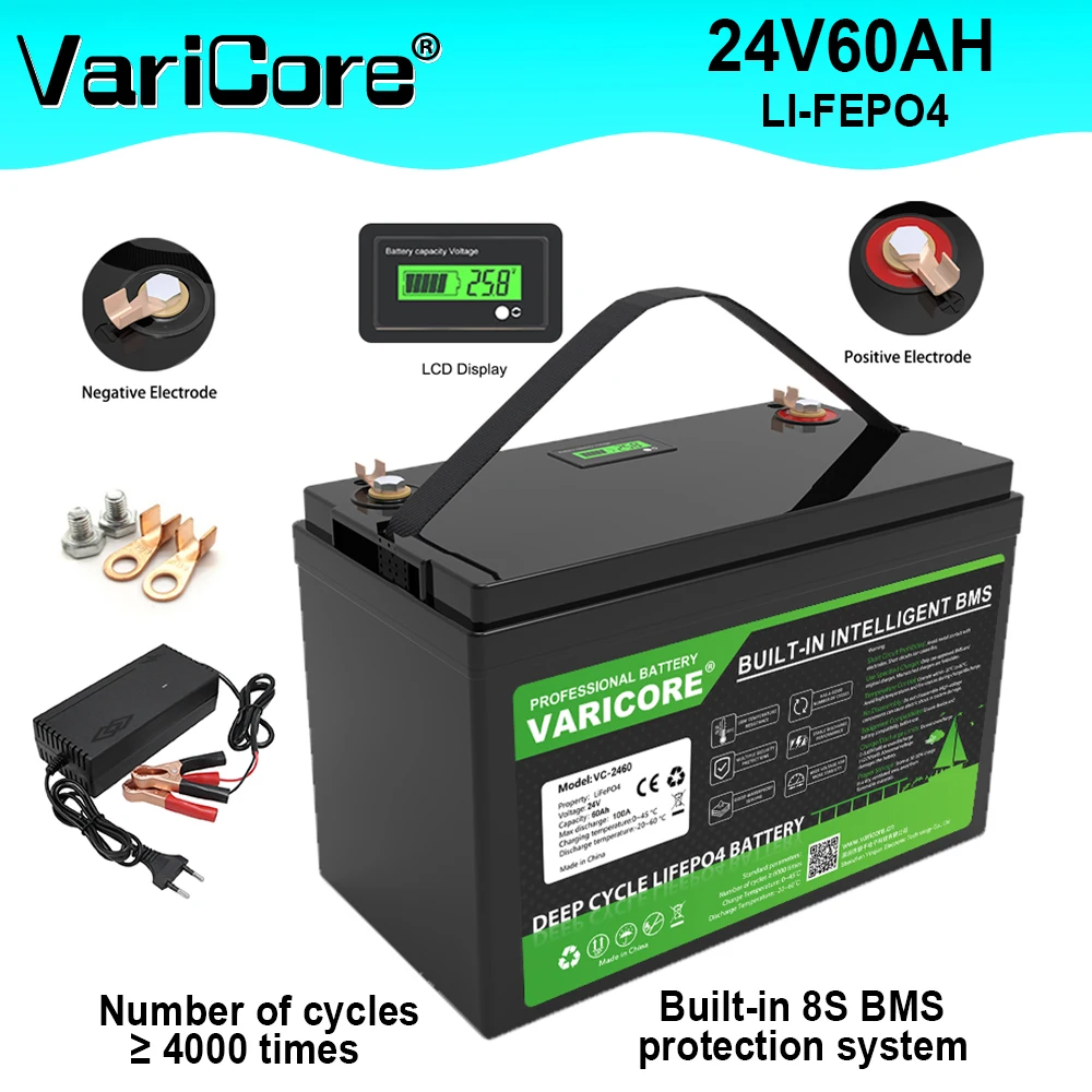 24V 60Ah LiFePO4-Batterie 29,2V Lithium-Eisenphosphat Tragbar Wiederaufladbar mit integriertem Smart 8S BMS für Boot, Golfwagen, Auto, Feuerzeug, Tourenfahrzeuge, Solar- und Straßenlampen usw.
