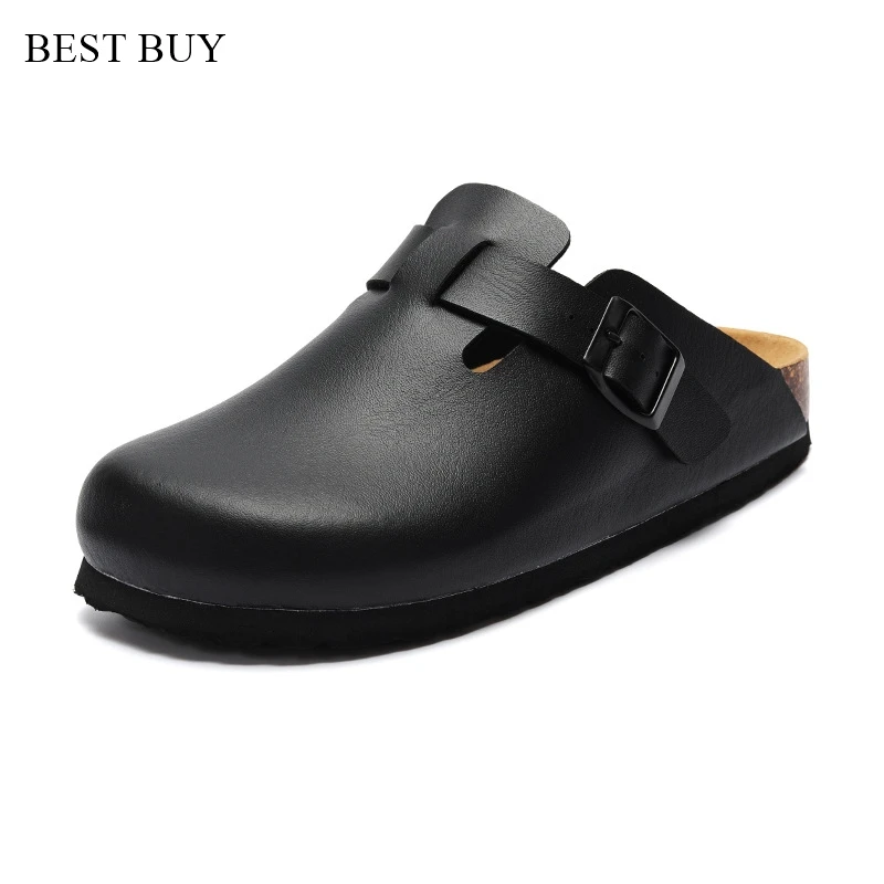 

2024 big size 35-45 New Buckle Closed Toe Cork Slipper Casual Women Solid Color Beach Outside Non-slip PU Leather Slides