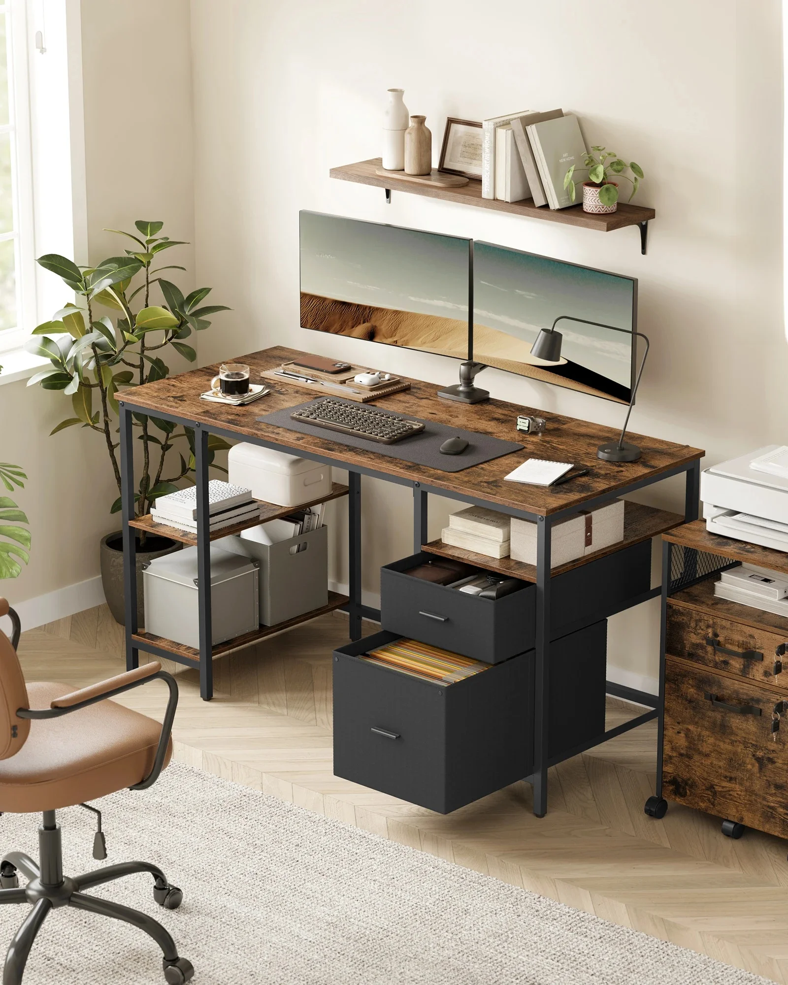 VASAGLE Computertafel, kantoortafel, bureau, met 3 planken, 2 lades, 60x140x76 cm, voor kantoor, woonkamer - afbeelding 2