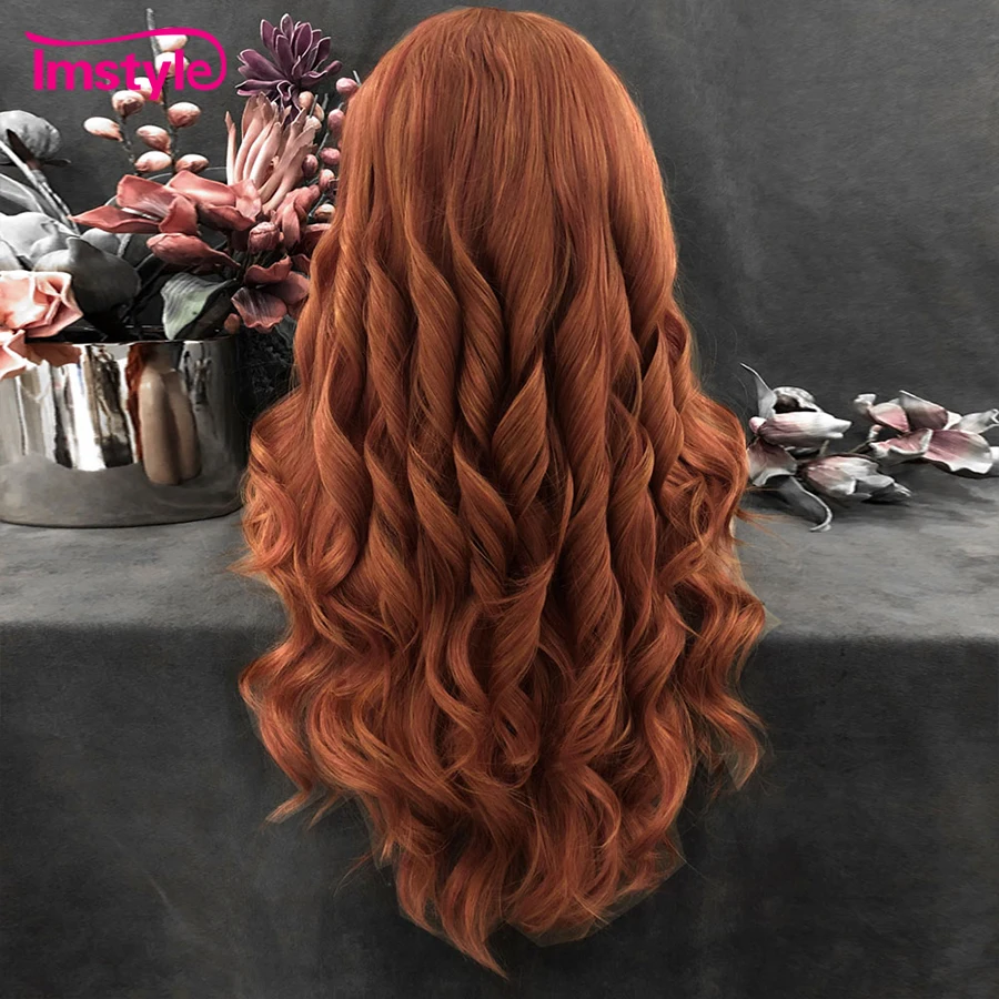 Imstyle-peluca larga de jengibre para mujer, cabellera sintética con malla frontal, ondulada Natural, Color mezclado de cobre, resistente al calor