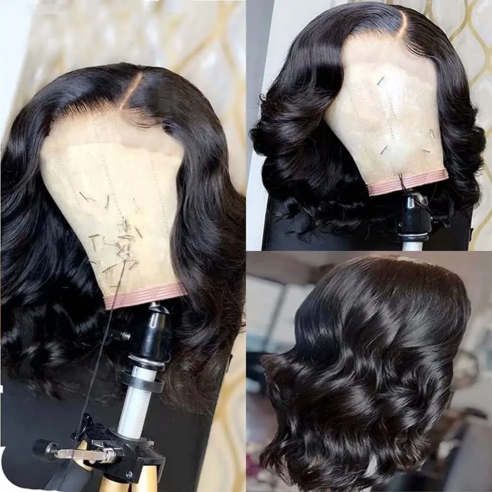 Onda do corpo curto Bob peruca de cabelo humano, transparente frente do laço, cabelo humano brasileiro, cor natural, 1B, 150% Densidade, 13x4