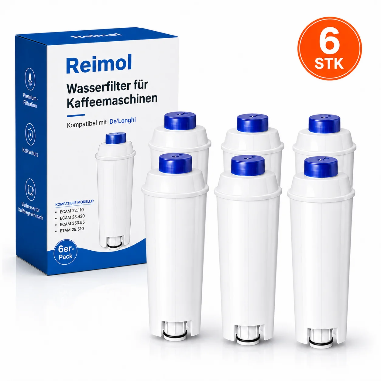 Reimol 6 Stück Wasserfilter für Kaffeemaschinen, kompatibel mit allen Delonghi ECAM, ETAM und ESAM Serien
